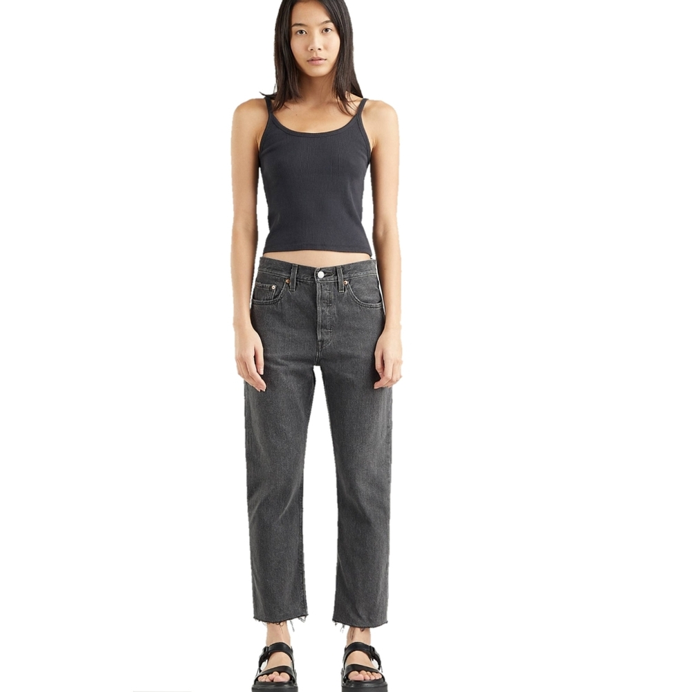 Levi 501 Jeans 27 High Rise Straight Leg Crop Black Denim Raw Hem